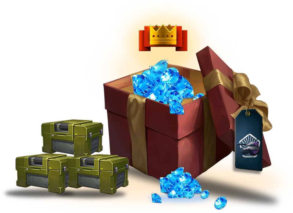 An open gift box with a Prime Tanki tag on its bow, heaped with crystals, three Containers stacked beside it and the Premium crown above it